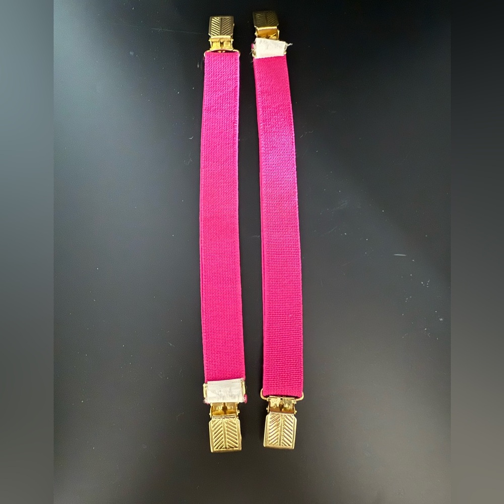 Vintage Boot Snuggies, Pink and Gold, Elastic and Metal Pants Clips, Set of Two